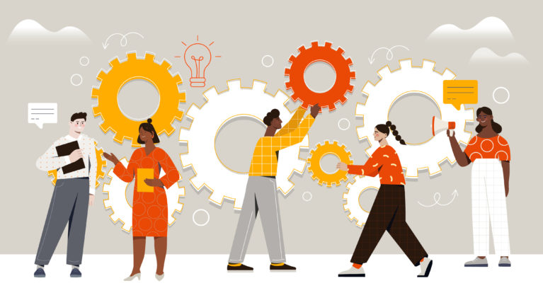 Male and female characters are assembling cogwheels together at work. Concept of work operations and teamwork productivity. Business workflow as cogwheel mechanism. Flat cartoon vector illustration